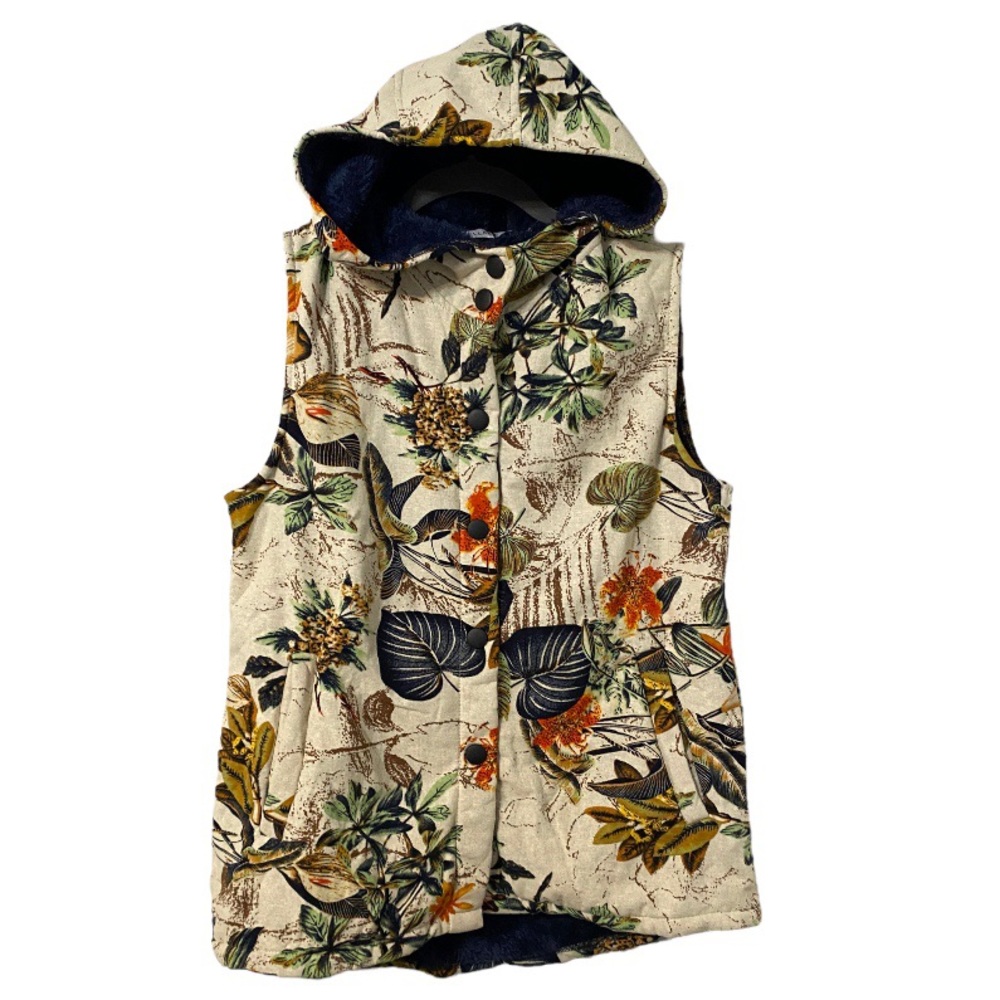 NWT CELLABIE Fleece Sherpa Lined Front Snap Floral Sleeveless Hoodie Jacket L